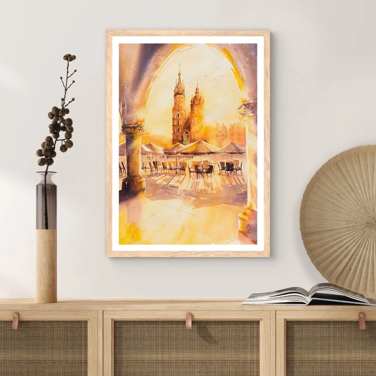 Poster in light oak frame - Sunrise over a Crocow Market - 50x70 cm