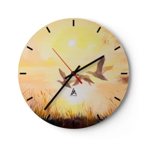 Wall clock - Clock on glass - Flying ducks against the backdrop of the setting sun and grass - 30x30cm - Beginning of a Distant Journey - Modern wall decoration for the living room, kitchen, and bedroom ARTTOR