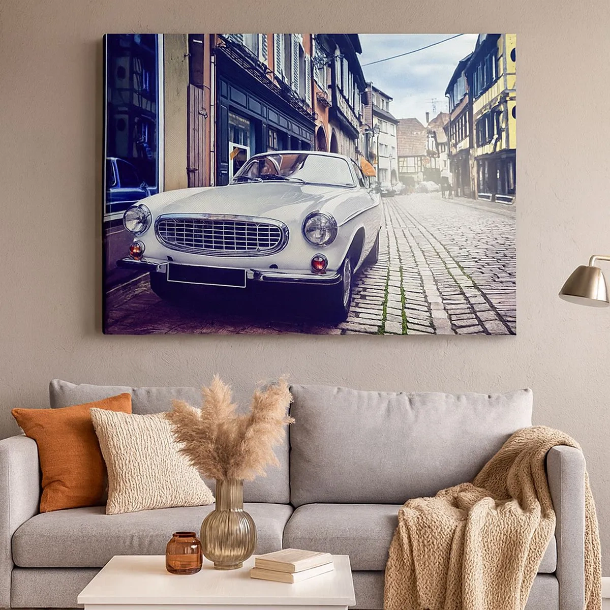 Canvas picture - A classic white car on a cobblestone city street - 70x50cm - The Past Is Today - Modern wall decoration for the living room and bedroom ARTTOR