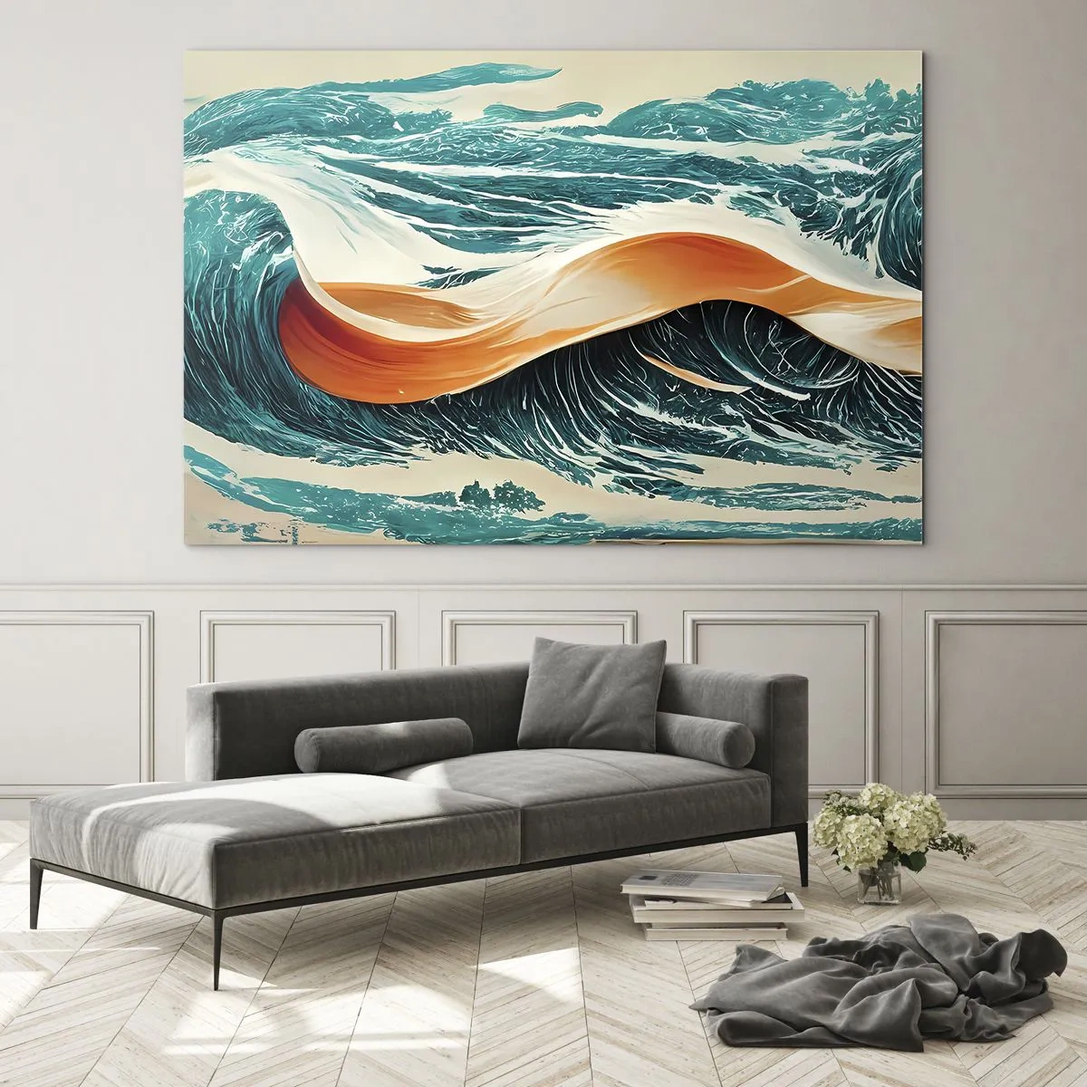 Glass picture - Turquoise waves with an orange ribbon in a surreal style - 70x50cm - Surfer's Dream - Modern wall decoration for the living room and bedroom ARTTOR