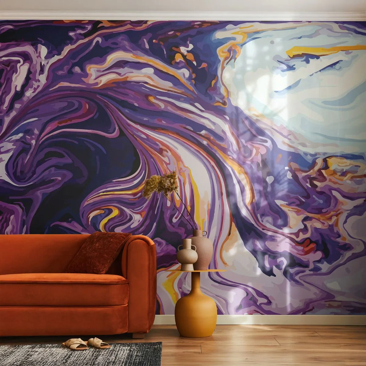 Photo Wallpaper Premium Sand - Bending of Space in Purple - Abstraction, Piece, Modern Pattern - 400x280 cm
