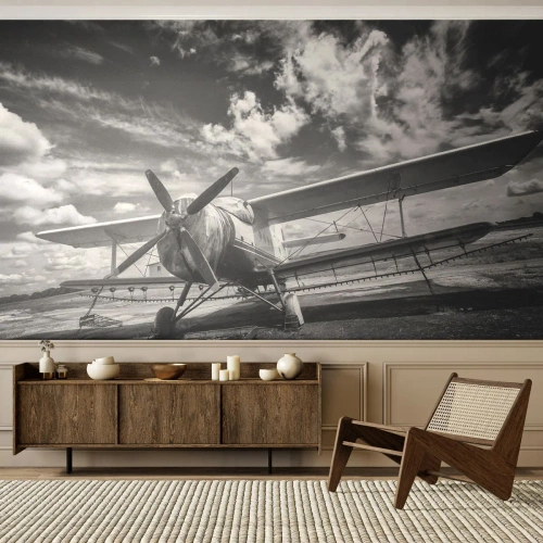 Photo Wallpaper Premium Sand - I Can't Wait! - Plane, Aircraft, Black and white - 150x105 cm