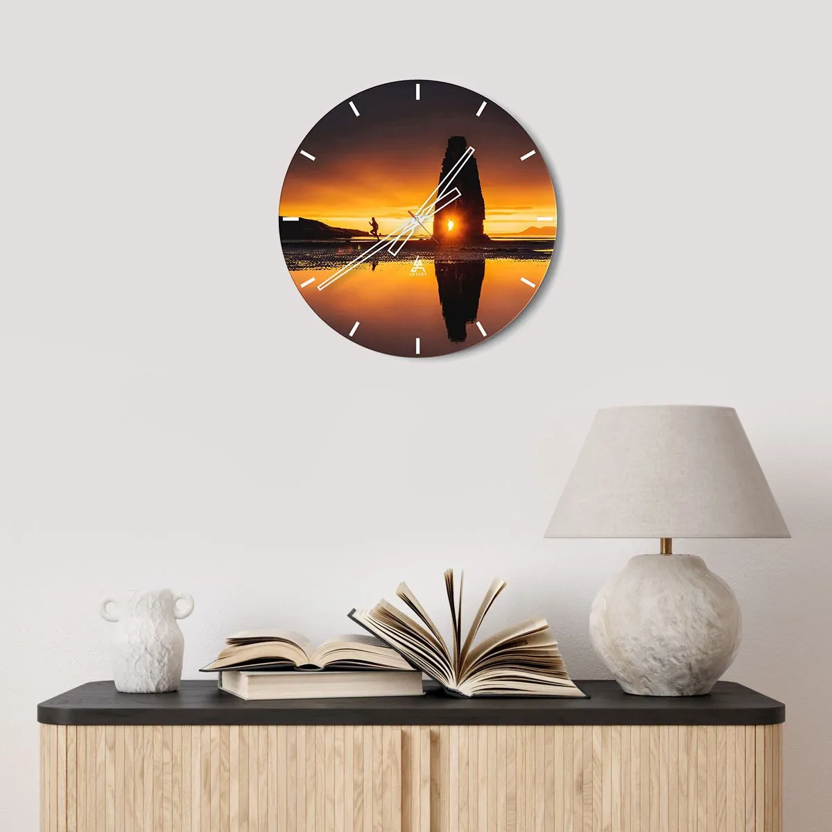 Wall clock - Clock on glass - Sunset over a rock formation on the beach - 30x30cm - Only You and Nature - Modern wall decoration for the living room, kitchen, and bedroom ARTTOR