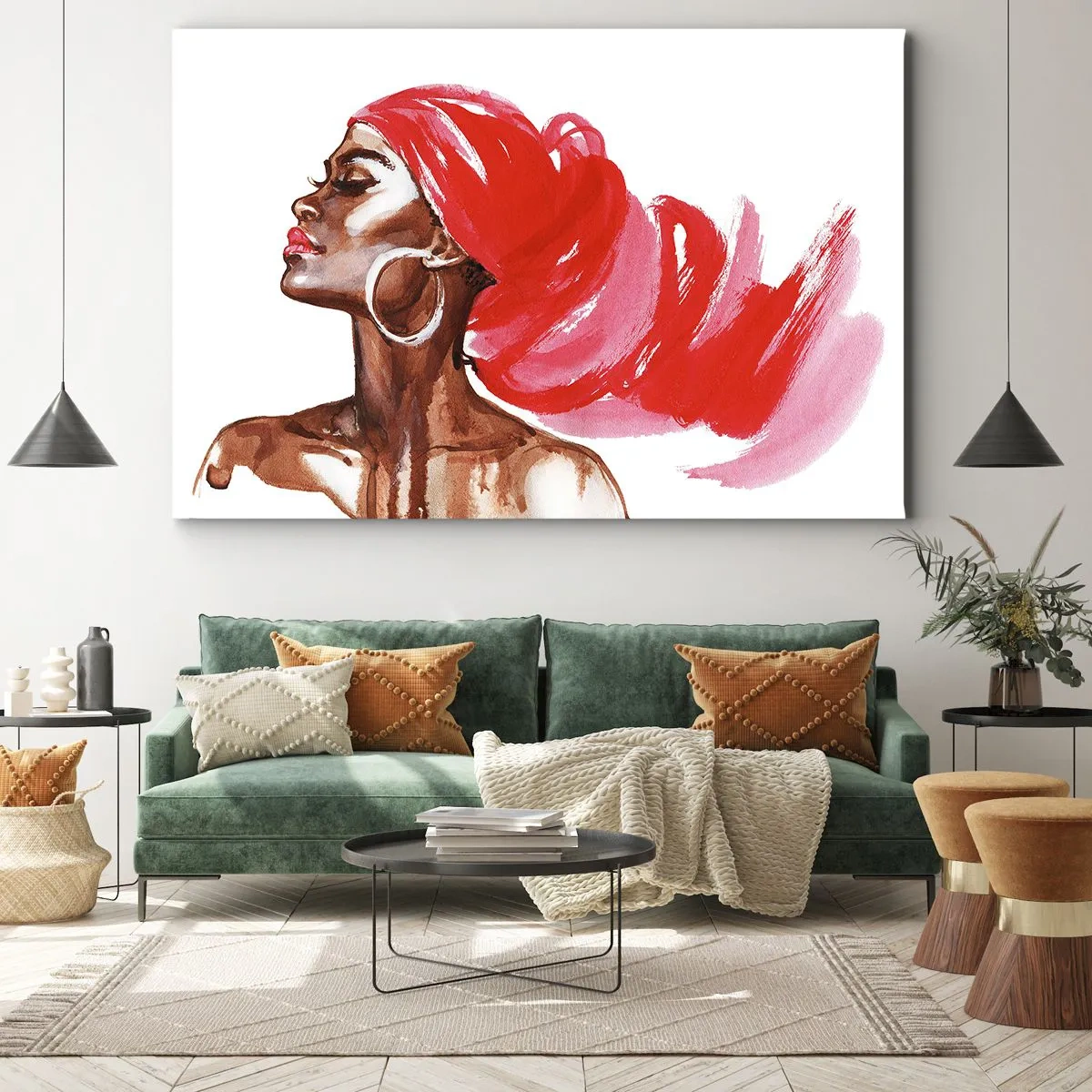 Canvas picture - Profile of a woman with a red turban and earrings - 70x50cm - Ebony Beauty - Modern wall decoration for the living room and bedroom ARTTOR