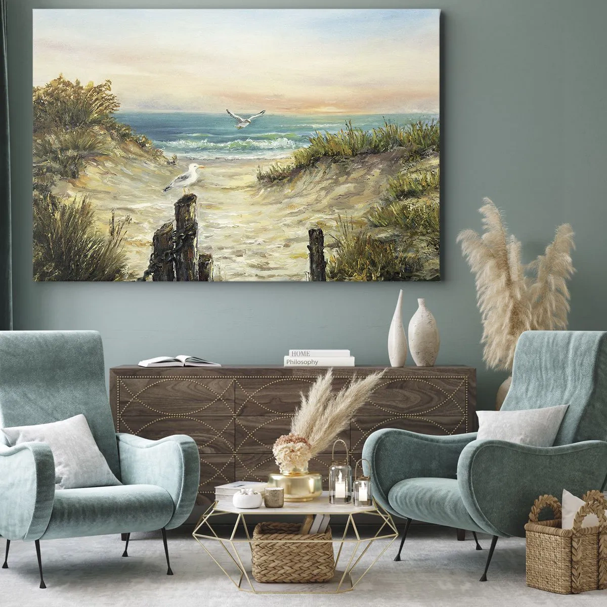 Canvas picture - Coast with seagulls and dunes at sunset - 70x50cm - Airless Retreat - Modern wall decoration for the living room and bedroom ARTTOR
