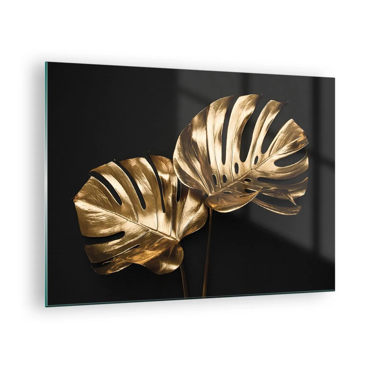 Glass picture - Golden monstera leaves on a black background - 70x50cm - Tresaures of Nature - Modern wall decoration for the living room and bedroom ARTTOR