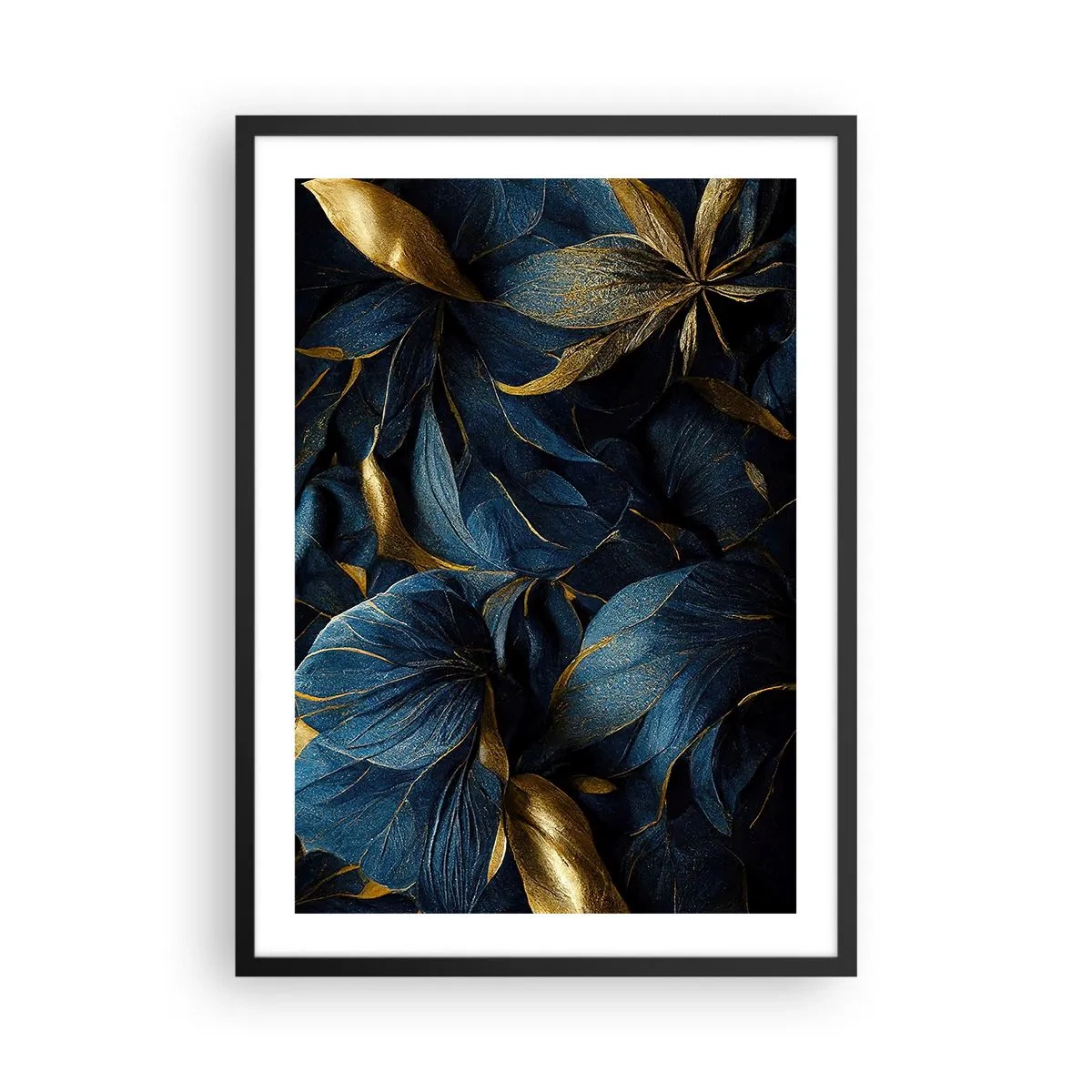 Poster in black frame - Golden leaves against a deep navy blue background - 50x70cm - Lined with Gold - Modern wall decoration for the living room and bedroom ARTTOR