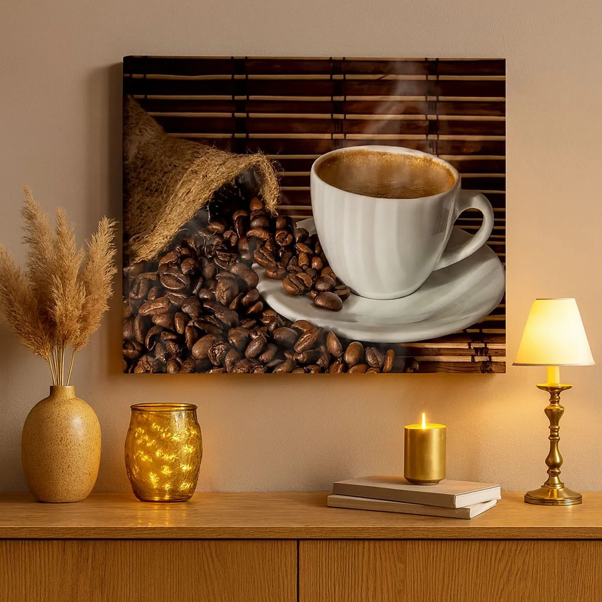 Canvas picture - A cup of coffee with beans on a bamboo background - 70x50cm - Blackness of Coal, Clarity of Diamond - Modern wall decoration for the living room and bedroom ARTTOR