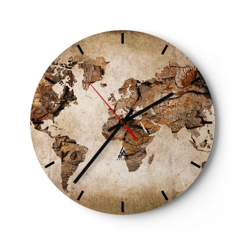 Wall clock - Clock on glass - Clock face with a world map motif in a rustic style - 30x30cm - Discovery of the World - Modern wall decoration for the living room, kitchen, and bedroom ARTTOR