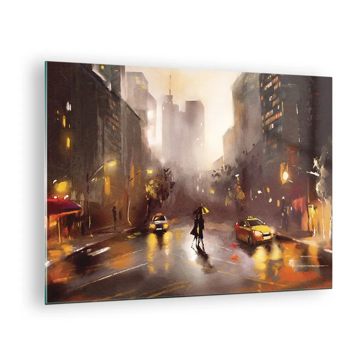 Glass picture - City at night in the rain with taxis and the silhouette of a couple - 70x50cm - In New York Lights - Modern wall decoration for the living room and bedroom ARTTOR