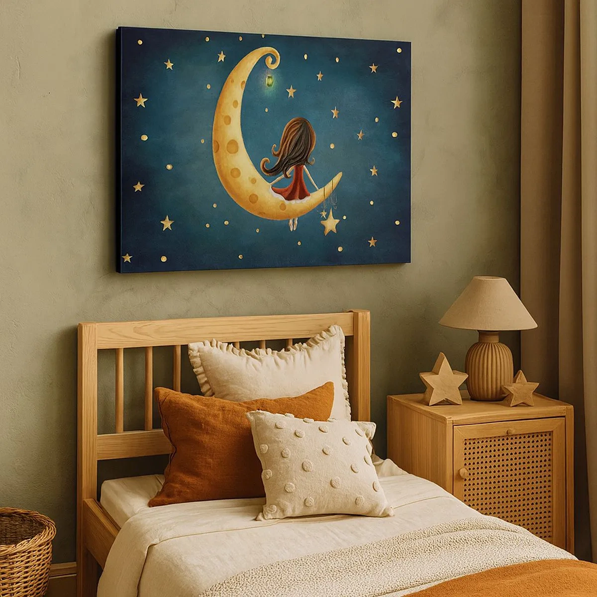 Canvas picture - A girl on the moon surrounded by stars - 70x50cm - Once Upon a Time… - Modern wall decoration for the living room and bedroom ARTTOR