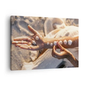 Canvas picture - Hands with seashells arranged on the sand background - 70x50cm - Beauty at Hand - Modern wall decoration for the living room and bedroom ARTTOR
