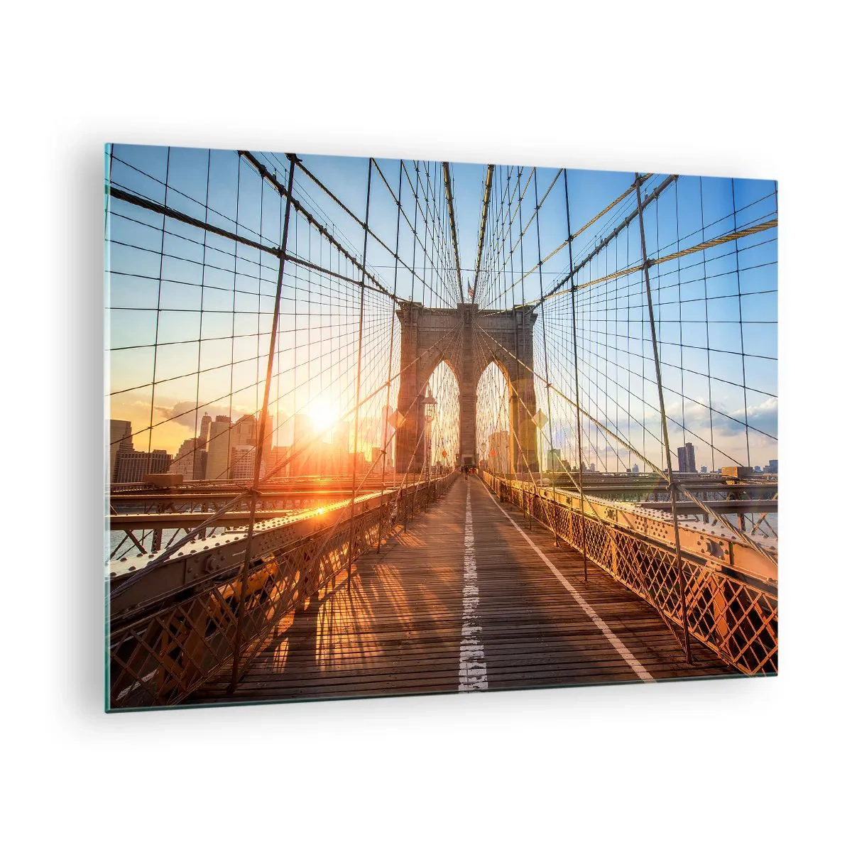 Glass picture - Sunset on the Brooklyn Bridge in New York - 70x50cm - On a Golden Bridge - Modern wall decoration for the living room and bedroom ARTTOR