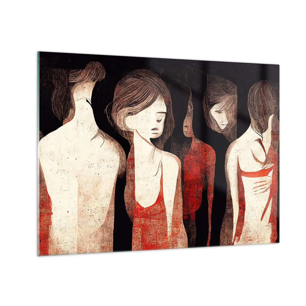 Glass picture - Abstract female silhouettes in red on a black background - 70x50cm - Madonnas from Darkness - Modern wall decoration for the living room and bedroom ARTTOR