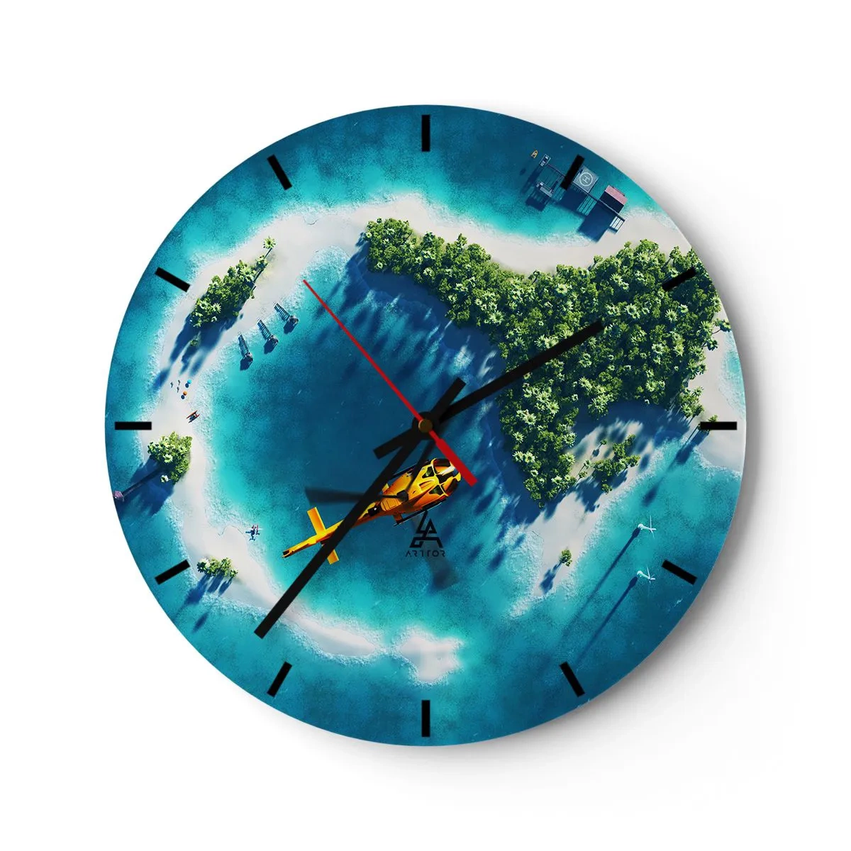 Wall clock - Clock on glass - Tropical island with helicopter over turquoise water - 30x30cm - Get Yourself an Island - Modern wall decoration for the living room, kitchen, and bedroom ARTTOR