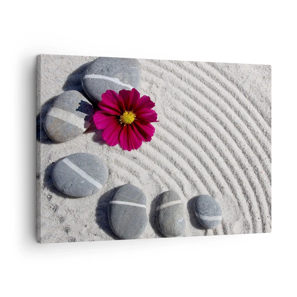 Canvas picture - Stones and a pink flower on the sand in a zen style - 70x50cm - Energy and Tranquillity of the Magic Circle of Nature - Modern wall decoration for the living room and bedroom ARTTOR
