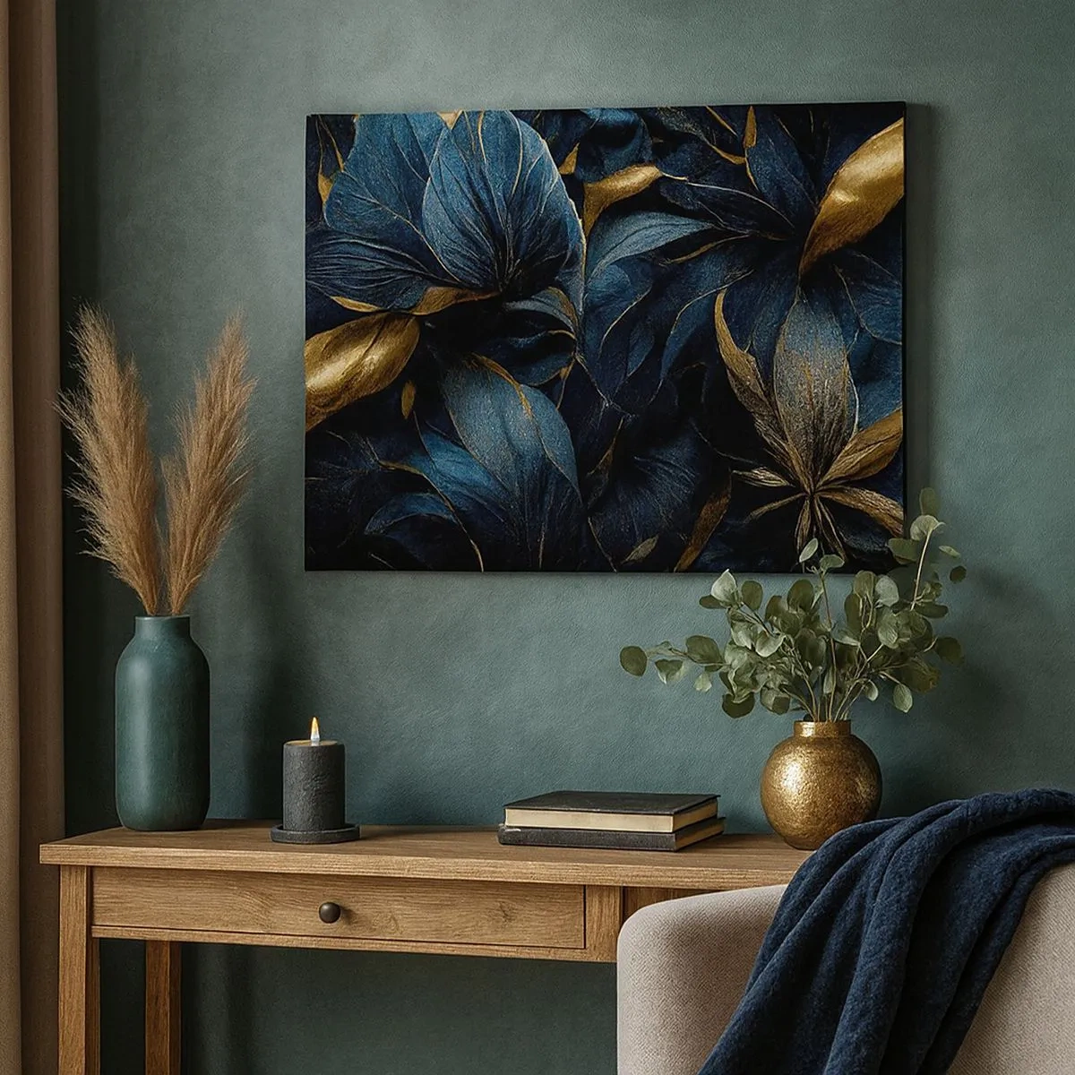 Canvas picture - Elegant leaves in shades of gold and navy blue - 70x50cm - Lined with Gold - Modern wall decoration for the living room and bedroom ARTTOR