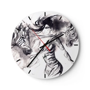 Wall clock - Clock on glass - A woman in an artistic form dancing with two gathered people - 30x30cm - Dancing With Zebras - Modern wall decoration for the living room, kitchen, and bedroom ARTTOR