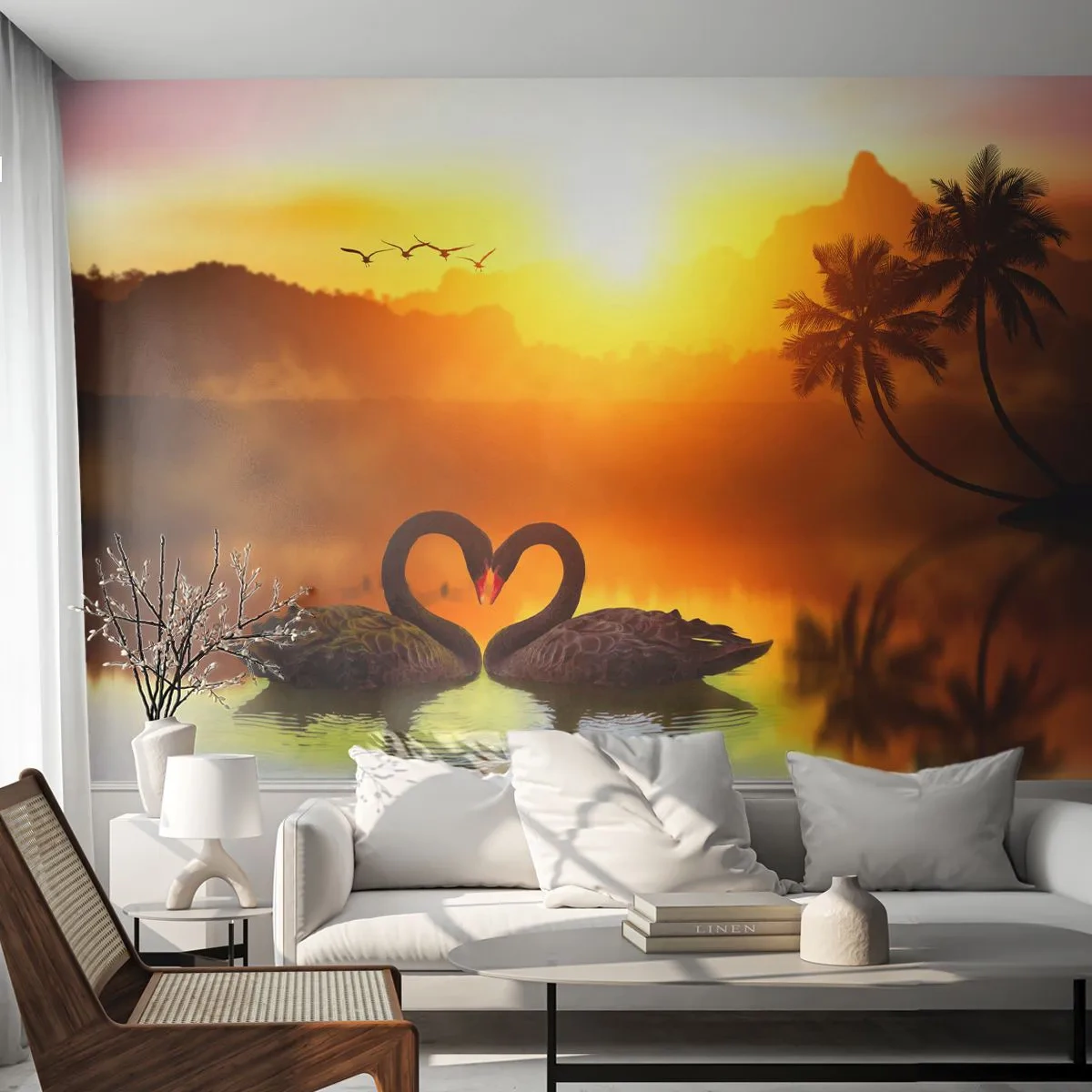 Photo Wallpaper Premium Canvas - Paired up - Heart, Swans, Coconut Palm - 100x70 cm