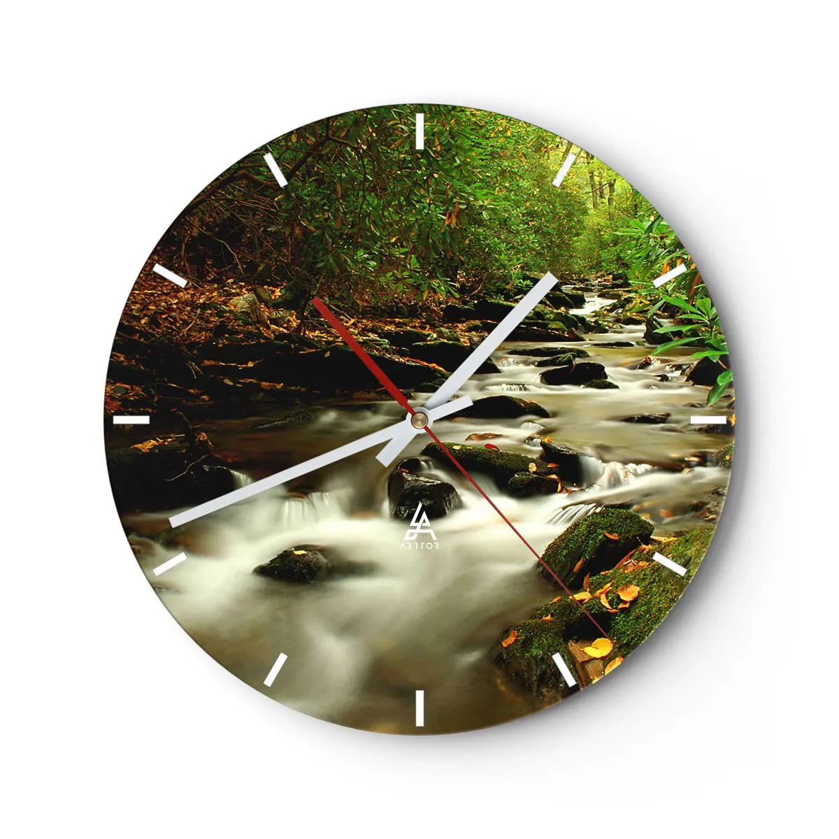 Wall clock - Clock on glass - A forest stream surrounded by greenery - 30x30cm - Like Live Wire - Modern wall decoration for the living room, kitchen, and bedroom ARTTOR