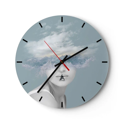 Wall clock - Clock on glass - A woman's portrait with waves and clouds for eyes. - 30x30cm - With the Head In the Clouds - Modern wall decoration for the living room, kitchen, and bedroom ARTTOR
