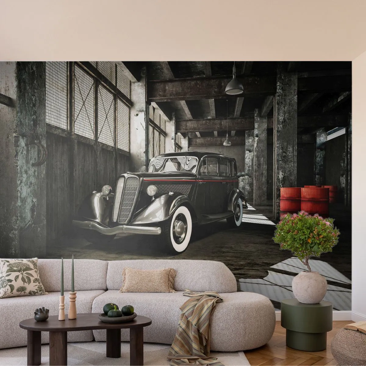 Photo Wallpaper Premium Sand - Unfading Elegance of the 30-ies - Automotive, Retro car, Factory Warehouse - 150x105 cm