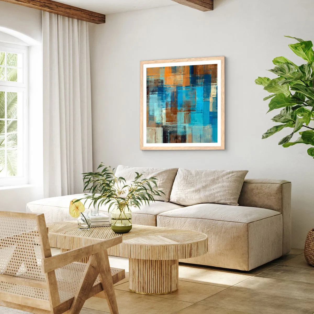 Poster in light oak frame - Through Blue Curtain - 30x30 cm