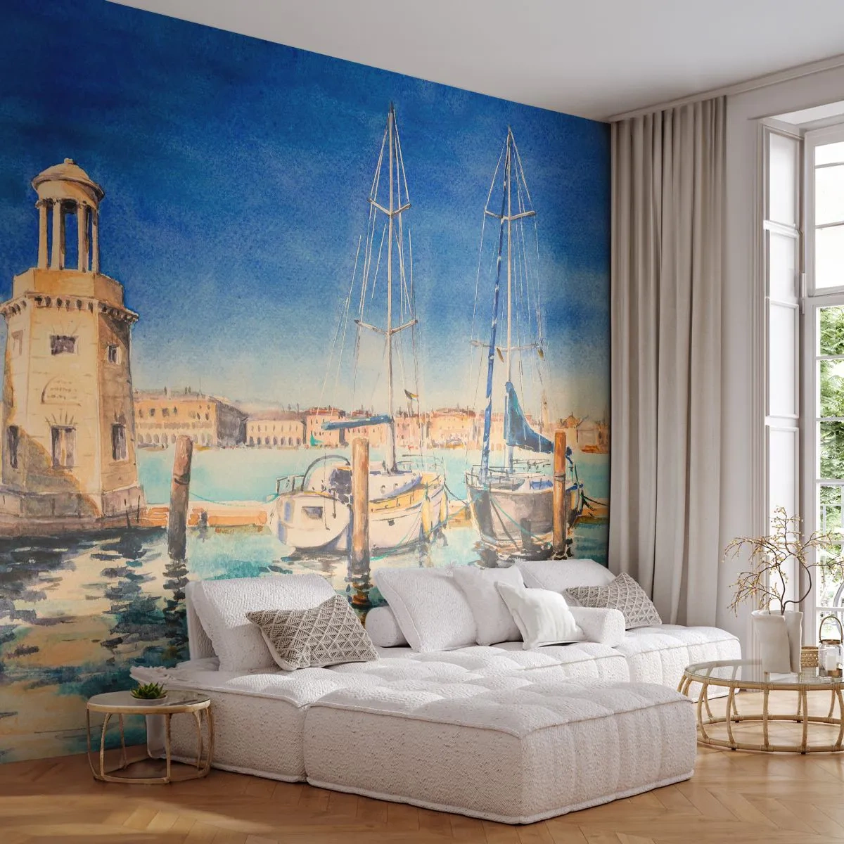 Self-Adhesive Photo Wallpaper Deluxe Sticker - Sunny Lagoon - Harbor, Landscape, Lighthouse - 100x70 cm