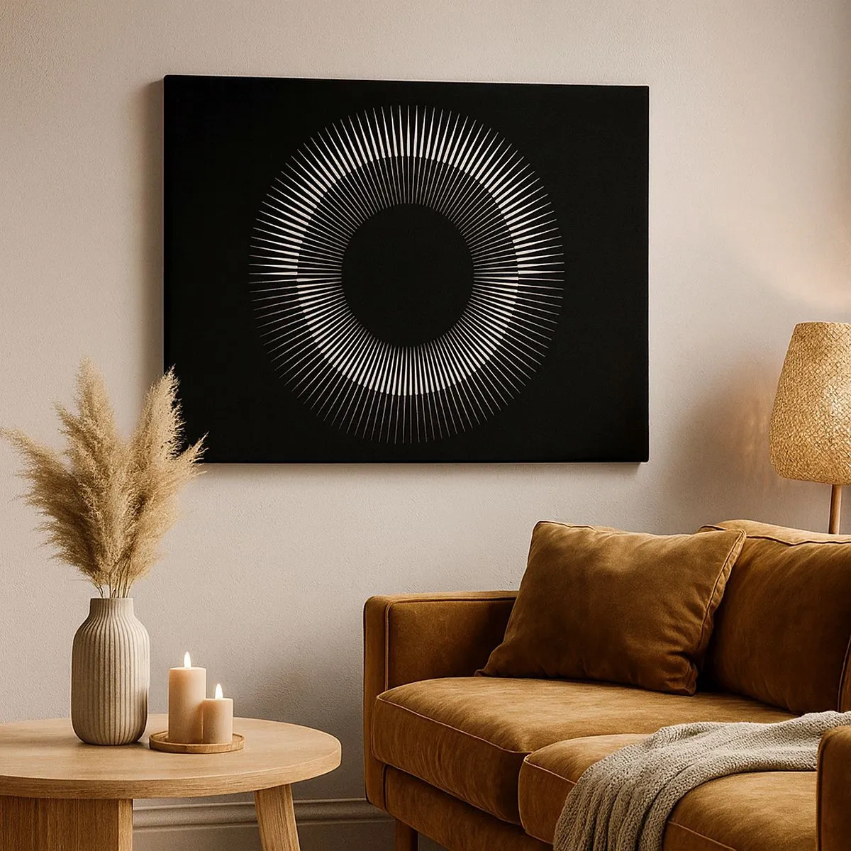 Canvas picture - Graphic circle with rays in black and white - 70x50cm - Black Sun - Modern wall decoration for the living room and bedroom ARTTOR