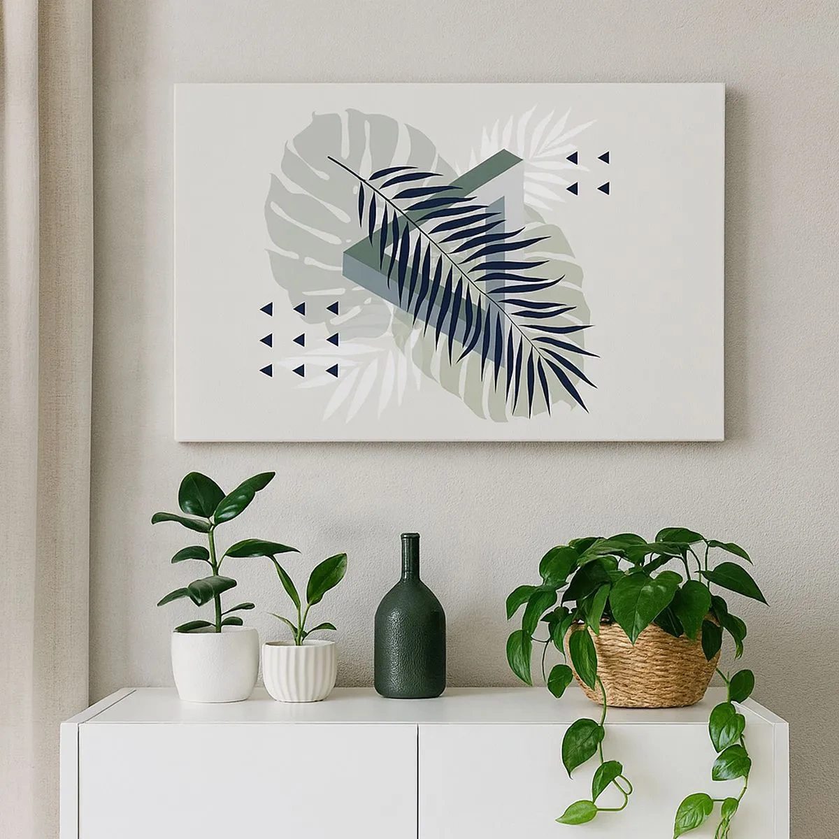 Canvas picture - Geometric composition with tropical leaves in shades of green - 70x50cm - Nature and Geometry - Two Orders? - Modern wall decoration for the living room and bedroom ARTTOR