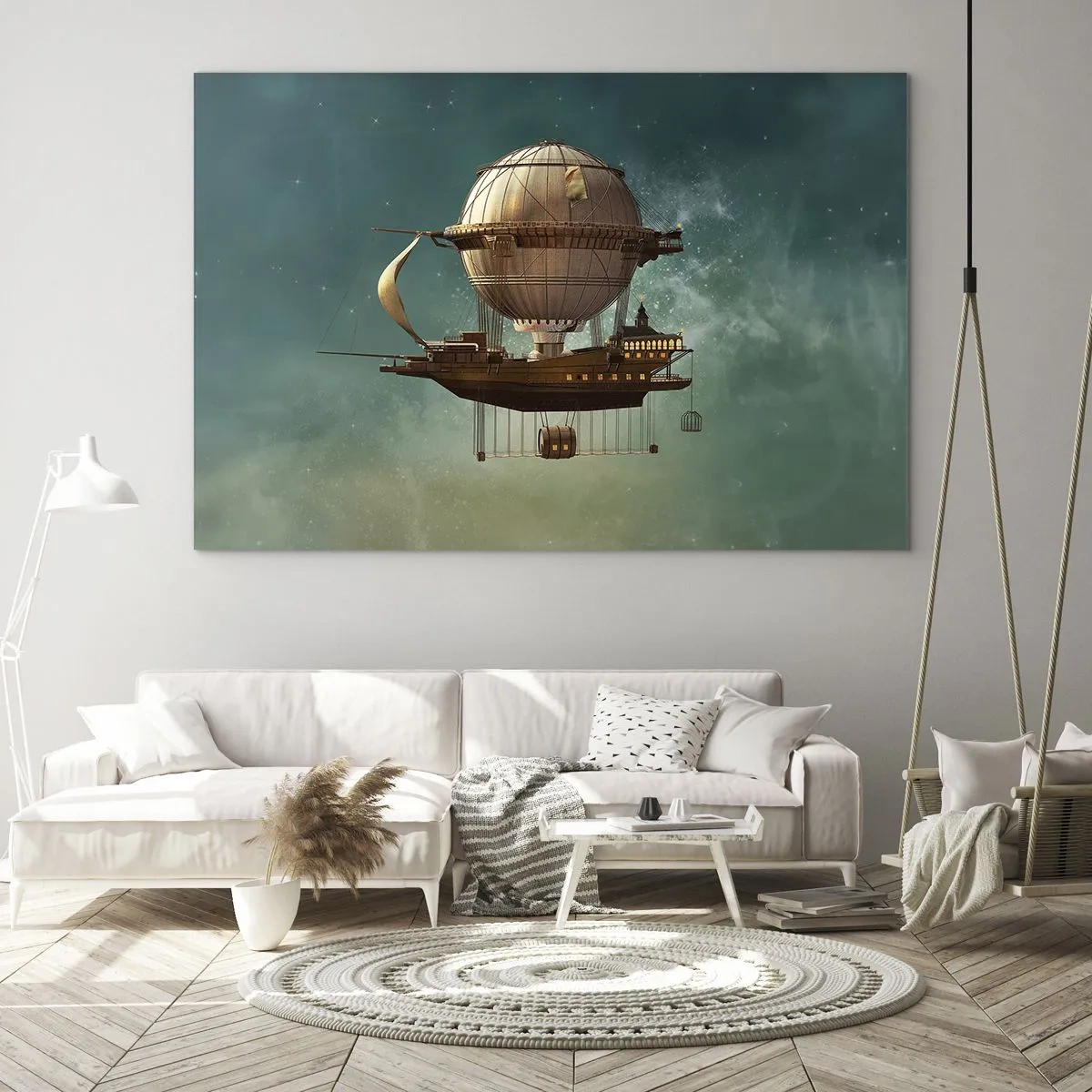 Glass picture - A flying airship with a retro-style house in the sky - 70x50cm - Greetings from Jules Verne - Modern wall decoration for the living room and bedroom ARTTOR