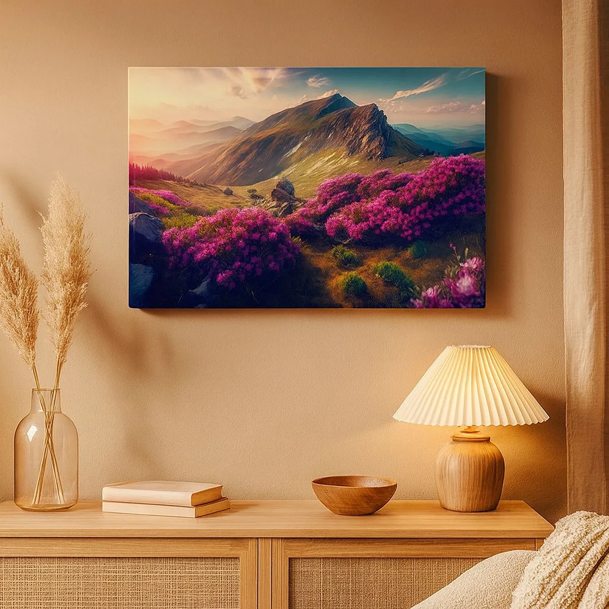 Canvas picture - Mountain landscape with blooming rhododendrons - 70x50cm - Summer in the Mountains - Modern wall decoration for the living room and bedroom ARTTOR