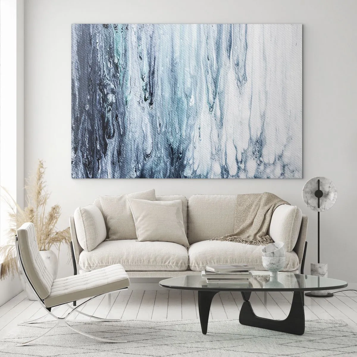 Glass picture - An abstract pattern resembling water streams in shades of blue. - 70x50cm - Blue Icicles - Modern wall decoration for the living room and bedroom ARTTOR