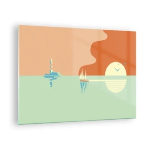 Glass picture - A minimalist sunset with a sailboat and a lighthouse - 70x50cm - Ideal Sea Landscape - Modern wall decoration for the living room and bedroom ARTTOR
