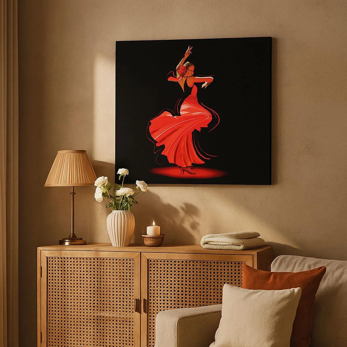 Canvas picture - Flamenco dancer in a red dress against a black background - 70x50cm - Fiery Spirit of Flamenco - Modern wall decoration for the living room and bedroom ARTTOR