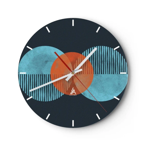 Wall clock - Clock on glass - An abstract composition of circles and lines in shades of blue and orange. - 30x30cm - Symmetrical Composition - Modern wall decoration for the living room, kitchen, and bedroom ARTTOR