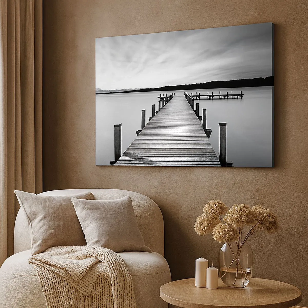 Canvas picture - A black and white jetty on a calm lake - 70x50cm - Lake of Peace - Modern wall decoration for the living room and bedroom ARTTOR