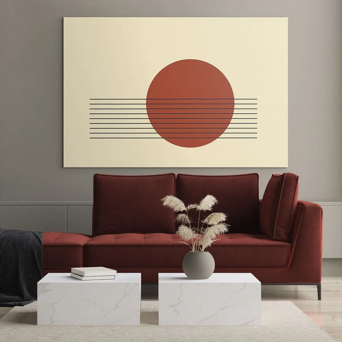 Glass picture - Minimalist graphic with red circle and lines - 70x50cm - Around and Beoynd - Modern wall decoration for the living room and bedroom ARTTOR