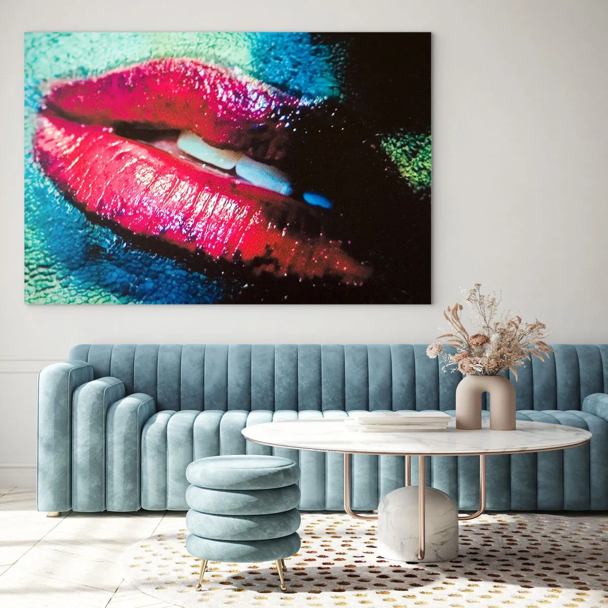 Glass picture - Red lips against a background of intense colors - 70x50cm - Sensual and Unquiet - Modern wall decoration for the living room and bedroom ARTTOR