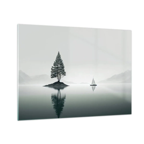 Glass picture - A lone tree on an island and a sailboat on a calm lake - 70x50cm - Daydreaming - Modern wall decoration for the living room and bedroom ARTTOR