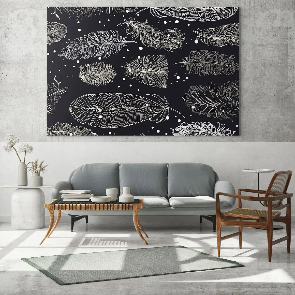 Glass picture - White feathers on a black background with subtle details - 70x50cm - Feathery Lace - Modern wall decoration for the living room and bedroom ARTTOR
