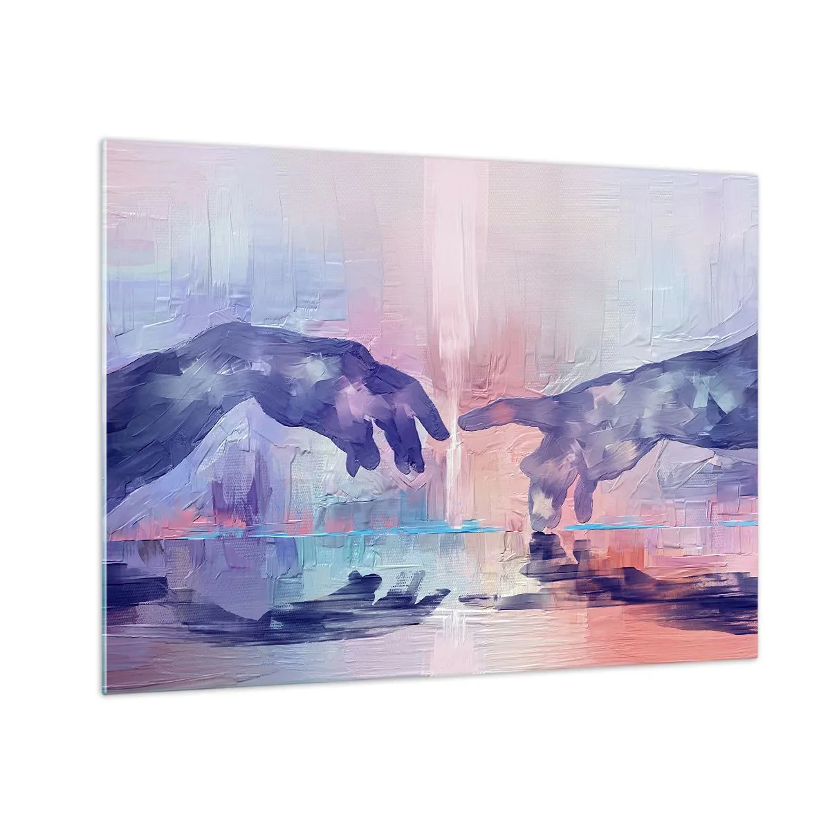 Glass picture - Abstract hands approaching each other against a pastel background. - 70x50cm - Godly Spark of Life - Modern wall decoration for the living room and bedroom ARTTOR
