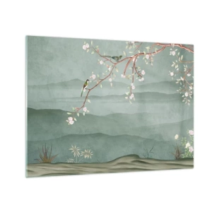 Glass picture - A branch with flowers and birds against a background of green hills - 70x50cm - Spring, It Is You - Modern wall decoration for the living room and bedroom ARTTOR