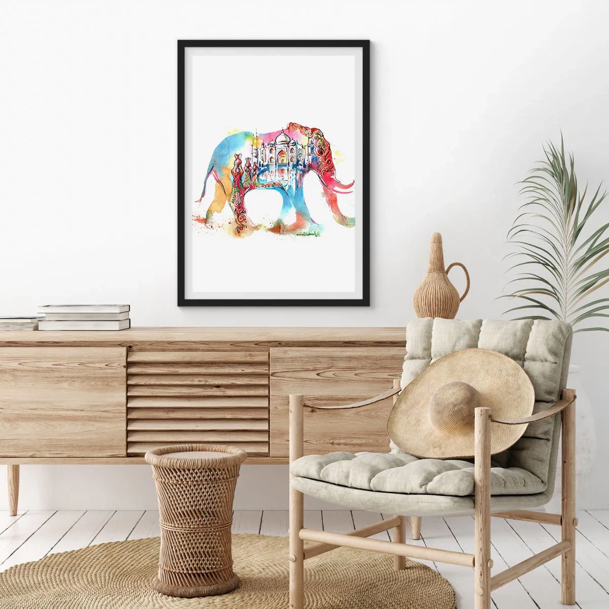 Poster in black frame - Colorful elephant with Indian motifs and the Taj Mahal - 50x70cm - India - Atmosphere of Love - Modern wall decoration for the living room and bedroom ARTTOR