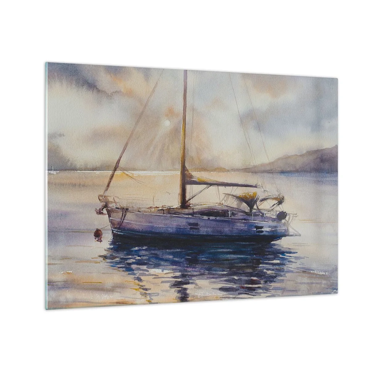 Glass picture - A yacht moored in a quiet bay at dusk - 70x50cm - Evening in Harbour - Modern wall decoration for the living room and bedroom ARTTOR