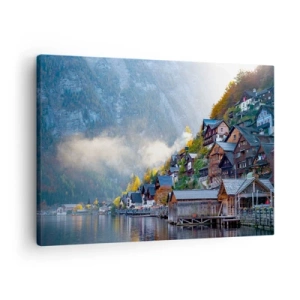 Canvas picture - A mountain village by a lake in autumn scenery - 70x50cm - Alpine Atmosphere - Modern wall decoration for the living room and bedroom ARTTOR