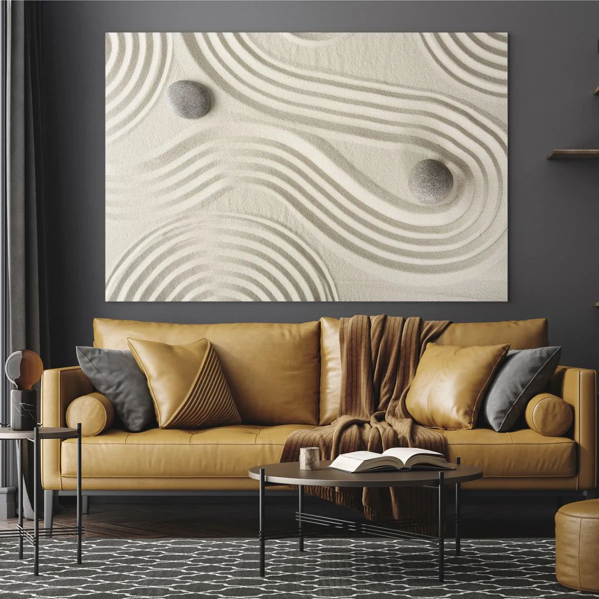 Glass picture - Minimalist sand with stones and geometric patterns - 70x50cm - Touch of Warmth - Modern wall decoration for the living room and bedroom ARTTOR