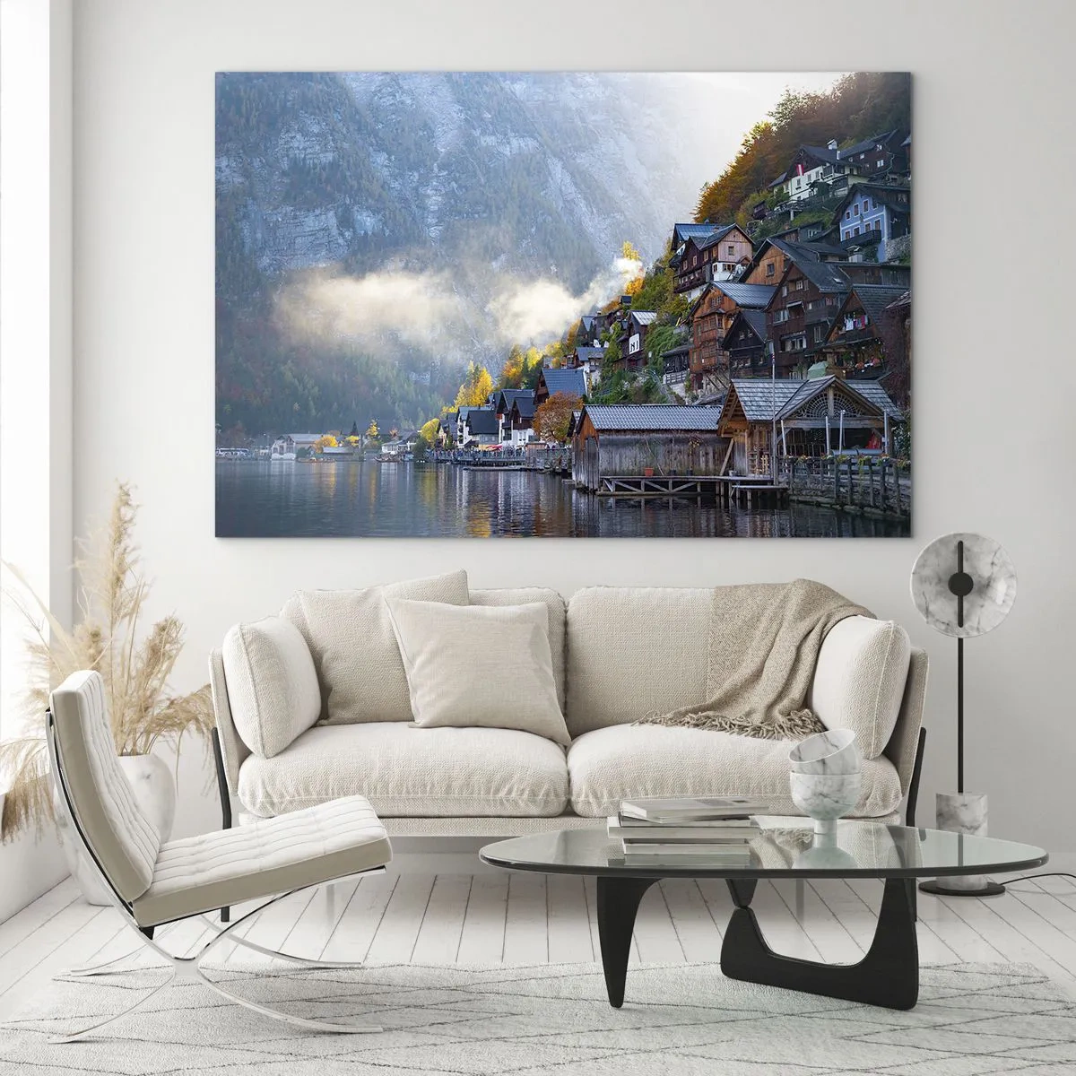 Glass picture - An autumn morning in a mountain town by a lake - 70x50cm - Alpine Atmosphere - Modern wall decoration for the living room and bedroom ARTTOR