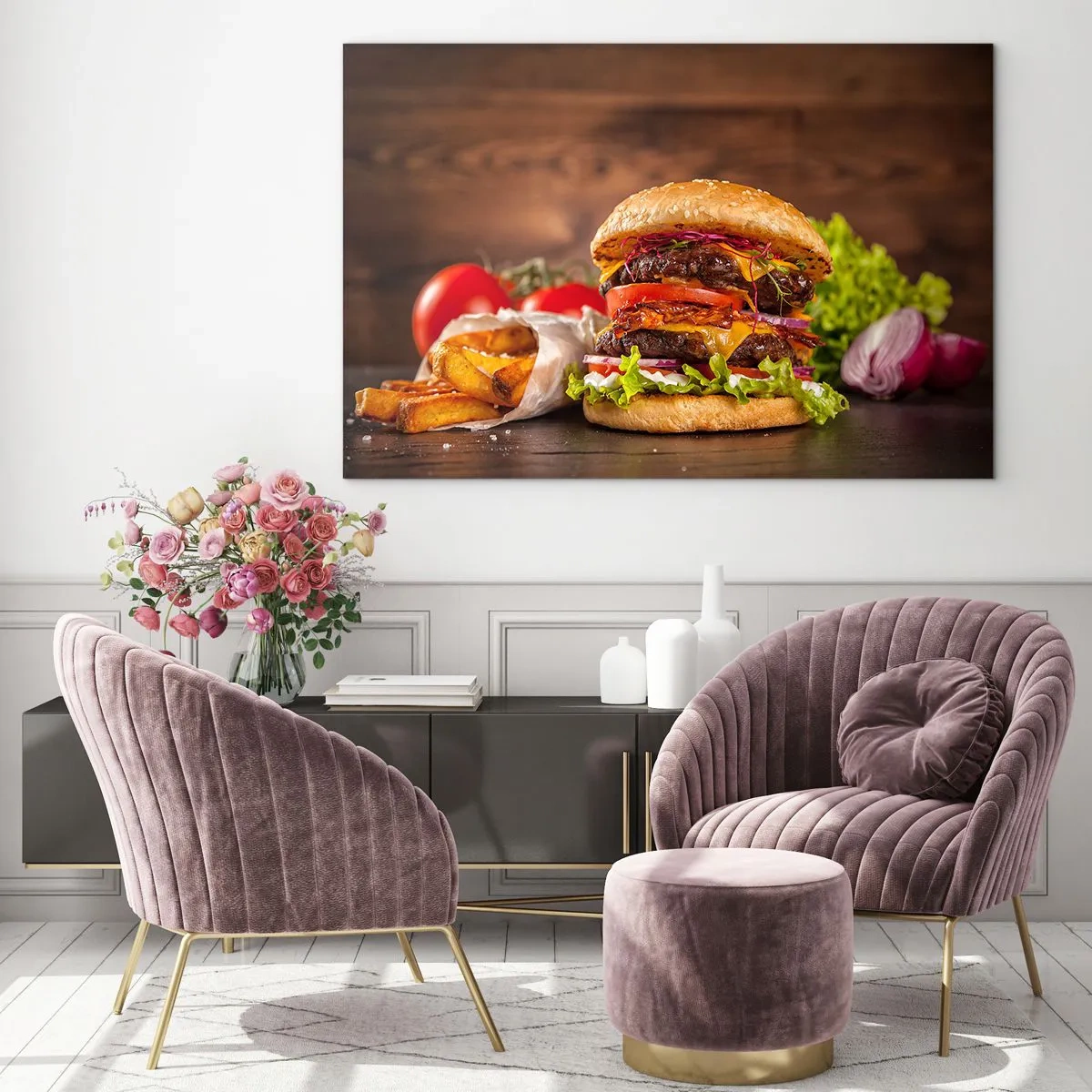 Glass picture - Juicy burger with toppings and fries on a wooden background - 70x50cm - Forbidden Fruit - Modern wall decoration for the living room and bedroom ARTTOR