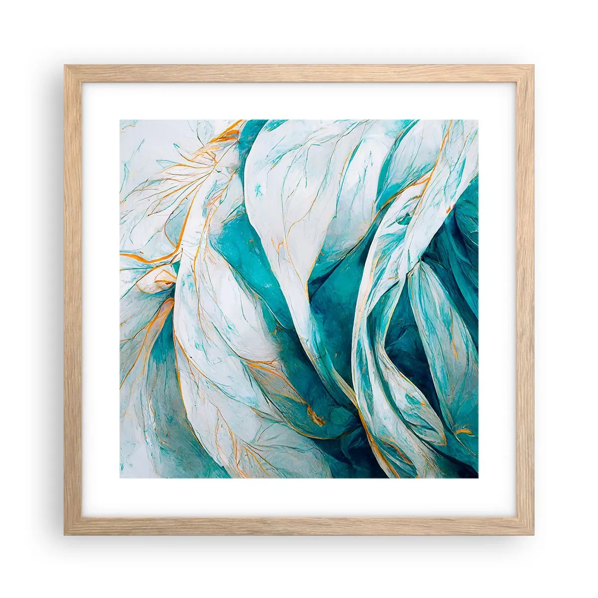 Poster in light oak frame - Blue Abstract with a Golden Motif - 40x40 cm